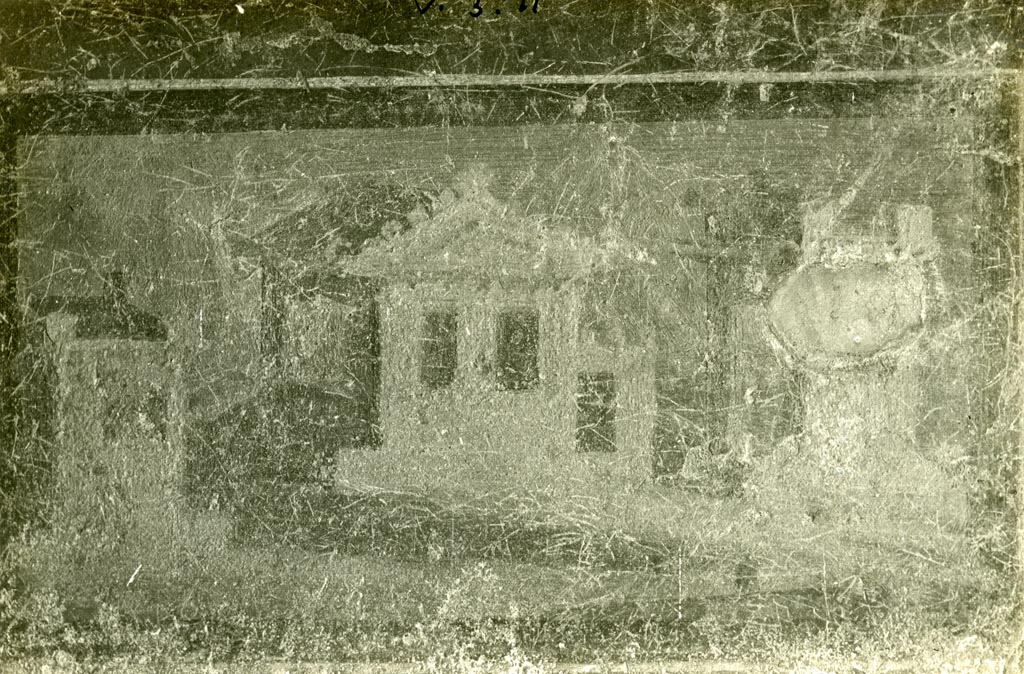 V.3.11 Pompeii, according to Warsher. Pre-1937-39. Wall decoration – detail of architectural landscape.
Photo courtesy of American Academy in Rome, Photographic Archive. Warsher collection no. 1687.