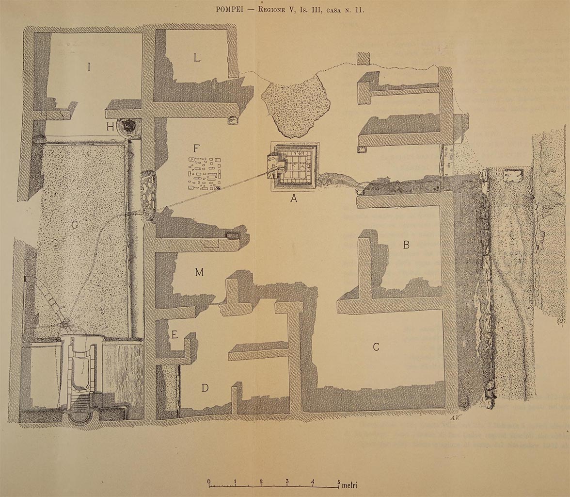 V.3.11 Pompeii. Plan of house and garden.
See Notizie degli Scavi, 1902 (p.369)
A – atrium
B – cubiculum
C – large room, triclinium in south-east corner of atrium
D – kitchen
E – latrine
F – tablinum
G – garden
H – cistern
I – windowed triclinium
L – (NdS says on the left side of the tablinum) room facing into kitchen and onto the garden
M – (NdS says on right side of tablinum) barrel-vaulted cubiculum (according to NdS 1902, then relabelled as an oecus)
(on the above plan, from the NdS description on p.372, we think L should be M, and M should be L).