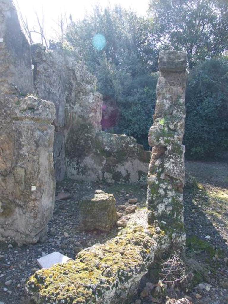 V.3.11 Pompeii. March 2009. Doorway to room in south-west corner of atrium, looking west. 
On the right would be the tablinum, which did not have a corridor on either of its sides.
According to NdS, on the left of the tablinum would have been a cubiculum.
This room faced into the kitchen and the garden and was decorated with red and yellow panels with painted birds in the panels.
See Notizie degli Scavi di Antichità, 1902, (p.372)