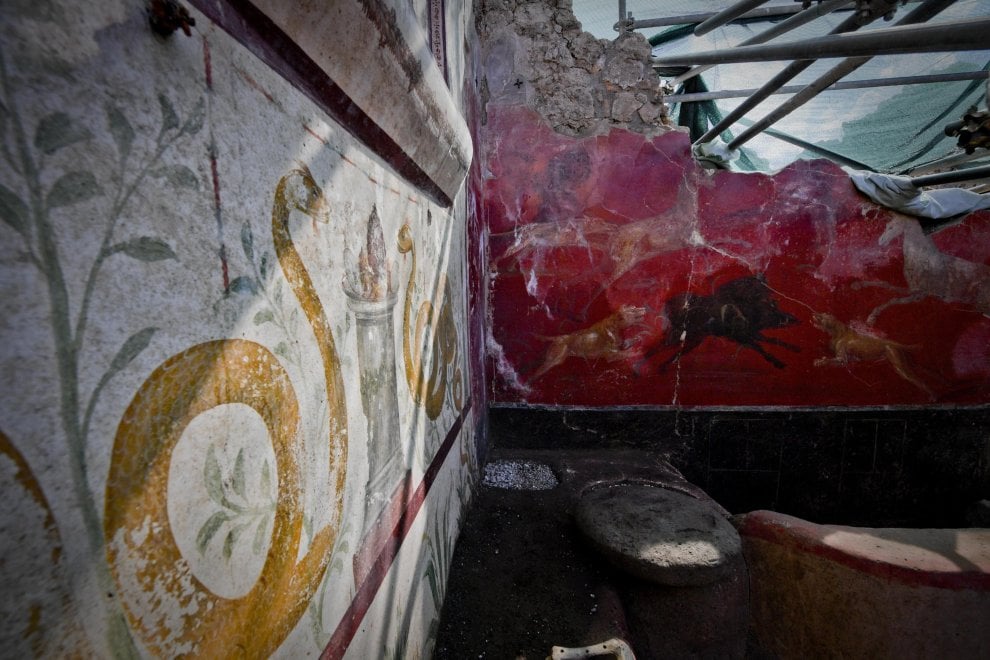 V.3.13 Pompeii. 2018. Room 2a. Lararium. 
South-east corner of room with lararium painting on east wall and animal scene on the south wall.
Angolo sud-est della stanza con dipinto di lararium sulla parete est e scena animale sulla parete sud.
Photograph © Parco Archeologico di Pompei.