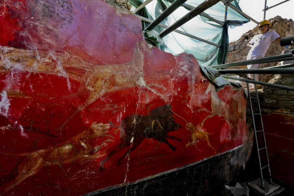 V.3.13 Pompeii. 2018. Room 2a. Lararium. 
On the south wall is a hunting scene on a red background, with various light-coloured animals which surround a black boar, seeming to symbolically allude to the victory of the forces of good over evil.
Sulla parete sud, invece, una scena di caccia su fondo rosso con diversi animali di colore chiaro che circondano un cinghiale nero, sembra alludere simbolicamente alla vittoria delle forze del bene sul male.
Photograph © Parco Archeologico di Pompei.