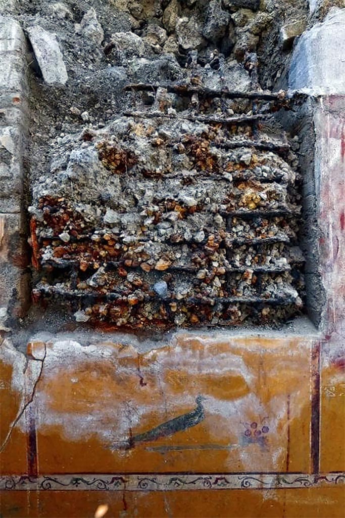 V.3.13 Pompeii. 2018. Room 2a. West wall. Lararium. Painting of a peacock and cherries under a window grating.
Parete ovest. Lararium. Dipinto di un pavone e ciliegie sotto una grata della finestra.
Photograph © Parco Archeologico di Pompei.