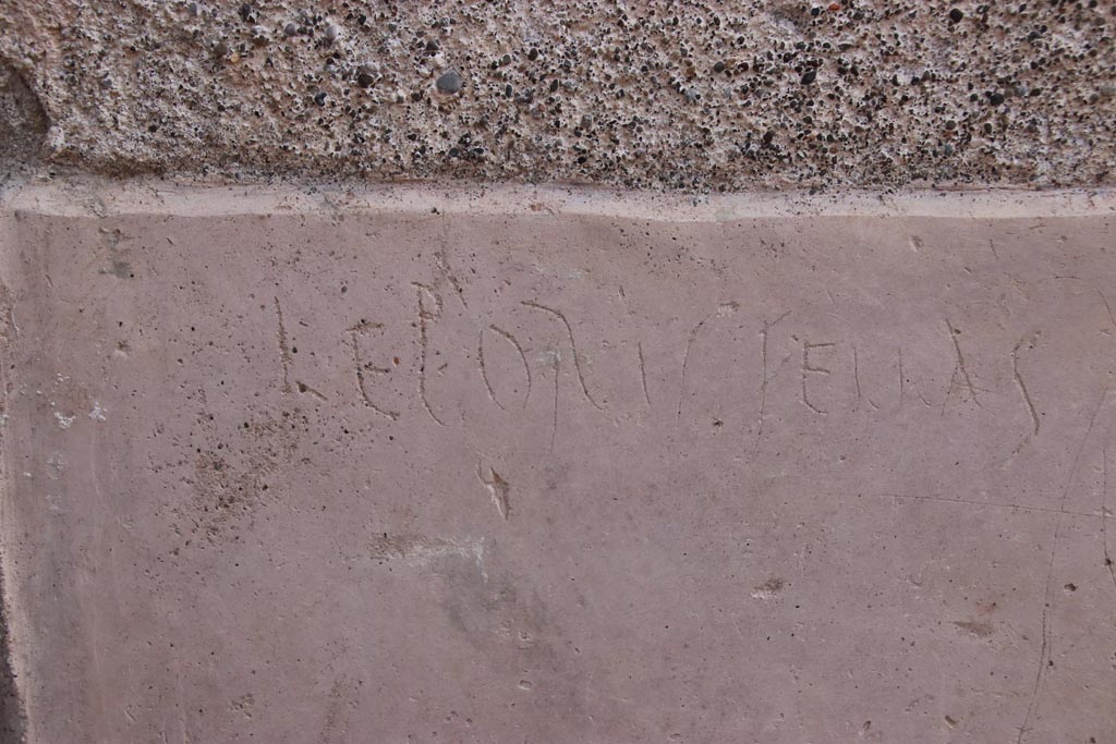 V.3 Pompeii. Casa del Giardino. October 2022. 
Graffiti on south (right) wall of entrance doorway/corridor/fauces -“Leporis fellas”  Photo courtesy of Klaus Heese