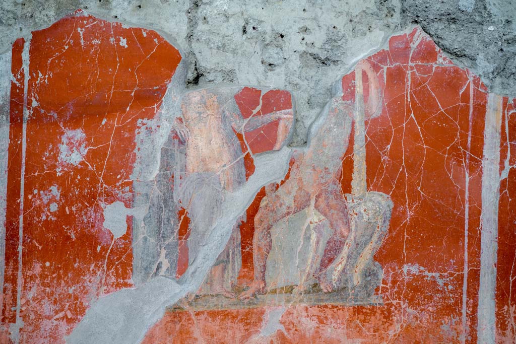 V.3 Pompeii. Casa del Giardino. October 2021. 
Room 3, detail of central painting on west wall of triclinium showing Hercules. Photo courtesy of Johannes Eber.