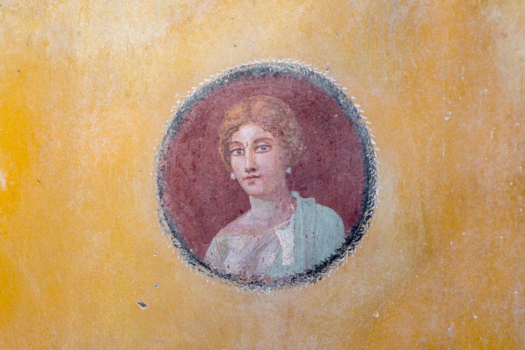 V.3 Pompeii. Casa del Giardino. October 2021. 
Room 3, medallion portrait from east end of north wall. Photo courtesy of Johannes Eber.