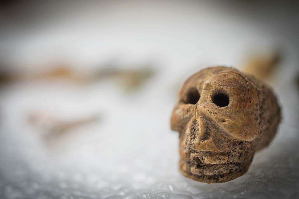 V.3 Pompeii. Casa del Giardino. August 2019. Bone amulet in the shape of a skull.
Amuleto in osso a forma di teschio.
Photograph © Cesare Abbate/ANSA courtesy Parco Archeologico di Pompei.