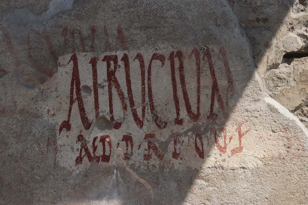 V.3 Pompeii, Thermopolium with painting of nereid. September 2021.
Looking east to painted graffiti on south side of entrance doorway in Vicolo dei Balconi. Photo courtesy of Klaus Heese.