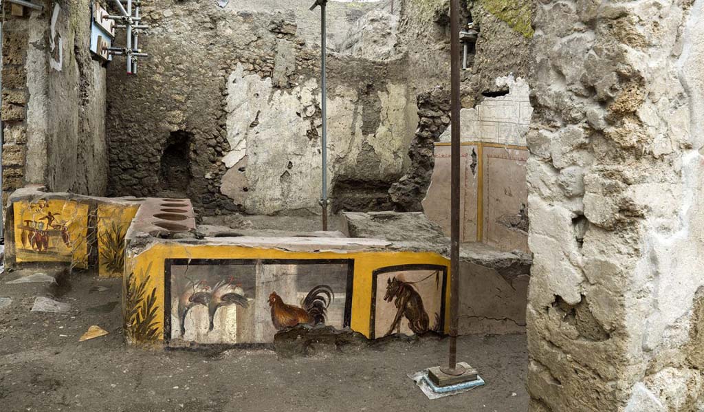 V.3 Pompeii, Thermopolium with painting of nereid. December 2020. Second entrance to thermopolium near north-west corner where skeleton of a dog was found. The front entrance is on the left.
V.3 Pompei, Termopolio con dipinto di nereide e anfore. Dicembre 2020. Secondo ingresso al termopolio vicino all'angolo nord-ovest dove è stato trovato lo scheletro di un cane. L'ingresso anteriore è sulla sinistra.
Photo by Luigi Spina courtesy of Parco Archeologico di Pompei.