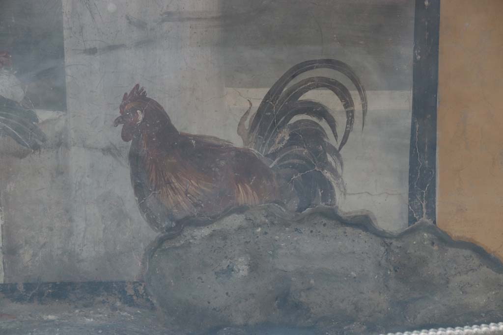 V.3 Pompeii, Thermopolium with painting of nereid. September 2021. 
Detail of painted rooster on west side of counter in bar-room. Photo courtesy of Klaus Heese.