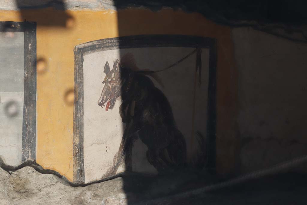 V.3 Pompeii, Thermopolium with painting of nereid. September 2021. 
Guard dog painted on west side of counter in bar-room. Photo courtesy of Klaus Heese.