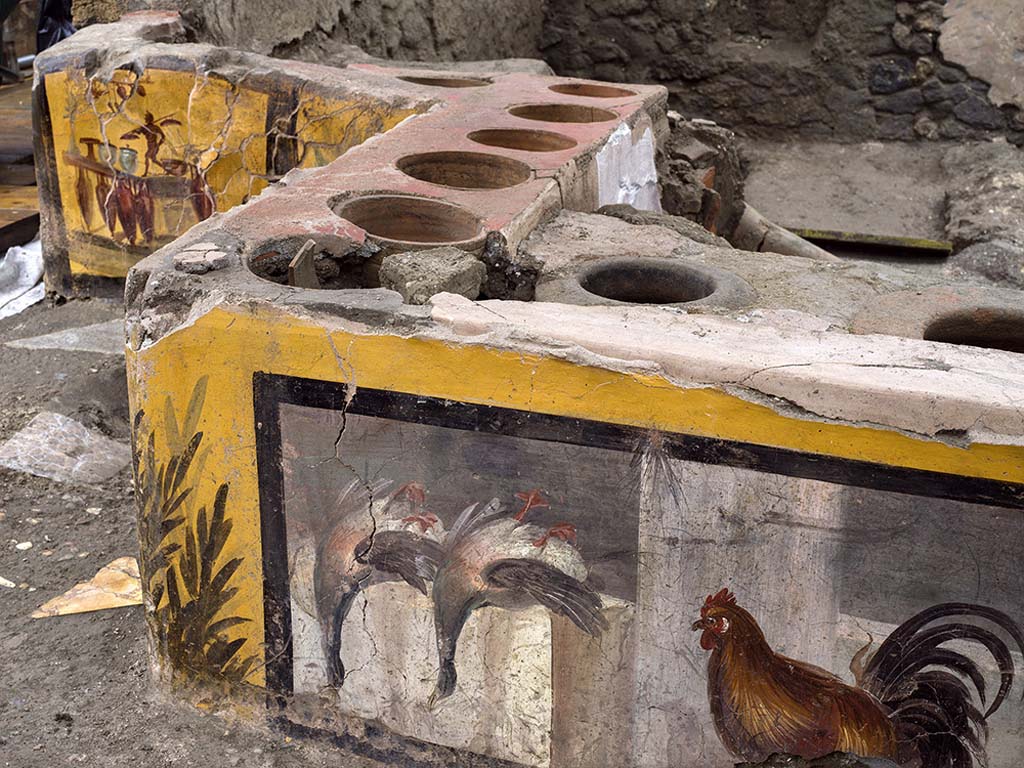 V.3 Pompeii, Thermopolium with painting of nereid. December 2020. Excavated counter with ten embedded dolia/containers.
V.3 Pompei, Termopolio con dipinto di nereide e anfore. Dicembre 2020. Bancone scavato con dieci dolia/contenitori incorporata.
Photo by Luigi Spina courtesy of Parco Archeologico di Pompei.