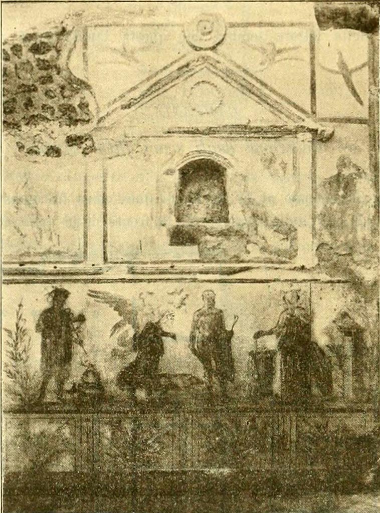 V.4.3 Pompeii. 1899. Lararium painting from west wall of atrium.
See Notizie degli Scavi di Antichità, 1899 (p. 342 fig. 2).
Remains of lararium painting that showed Hercules with club and lion skin in the centre. 
Also recognisable were Mercury and next to Mercury was a crowing cock.
In front were an omphalos with a snake, Victoria with spread wings and a pig, and Minerva sacrificing at an altar, with her shield and owl.
At the sides of the niche were paintings of the gods. 
See Garcia y Garcia, L., 2006. Danni di guerra a Pompei. Rome: L’Erma di Bretschneider, p 62 and Fig.97. 
See Warscher, T., 1925. Pompeji: Ein Führer durch die Ruinen. Berlin und Leipzig: de Gruyter, p 127. 
See Boyce G. K., 1937. Corpus of the Lararia of Pompeii. Rome: MAAR 14.  (p.39, no.118, pl. 25,1).