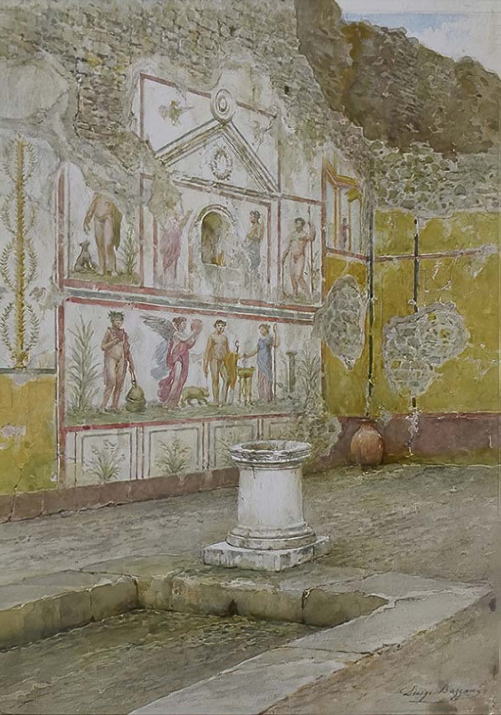 V.4.3 Pompeii. Undated watercolour by Luigi Bazzani. Lararium painting from west wall of atrium.
Kuivalainen describes –
“On the left side of the aedicula is a youth standing with his weight on his right foot. He wears a long cloak and pours wine from a cantharus, turned upside-down in his right hand; in his left hand he holds a thyrsus. A sitting panther raises its right front leg and drinks the wine. The figure is surrounded by growing vines, which are shaped into an arch.”
Kuivalainen comments – 
“An almost naked young Bacchus offering wine to a panther, depicted as a counter-part to Jupiter as the main figures by the aedicula.”
See Kuivalainen, I., 2021. The Portrayal of Pompeian Bacchus. Commentationes Humanarum Litterarum 140. Helsinki: Finnish Society of Sciences and Letters, (p.115-16, C16).