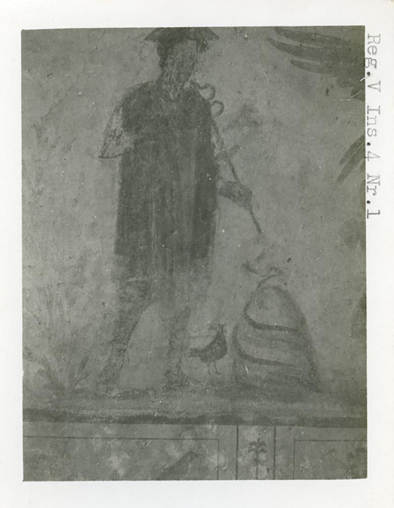 V.4.3 Pompeii but shown as V.4.1 on photograph. Pre-1937-39. Detail of Mercury.
Photo courtesy of American Academy in Rome, Photographic Archive. Warsher collection no. 1570.