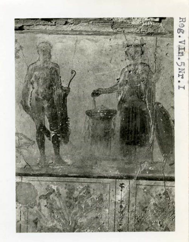 V.4.3 Pompeii, but shown as V.5.1 on photo. 1937-39.  Detail of Hercules and Minerva from lararium painting on west wall of atrium.  Photo courtesy of American Academy in Rome, Photographic Archive.  Warsher collection no. 1568c.