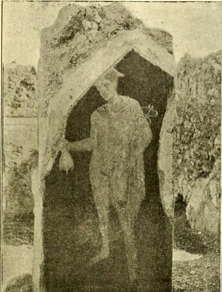 V.4.6/7 Pompeii. Painting of Mercury. The background was red.
Mercury was nude, except for his green cloak, wearing a winged helmet and winged shoes.
In his right hand he held his purse, and his staff was in his left hand.
See Notizie degli Scavi di Antichità, 1899, p. 343, fig 4.