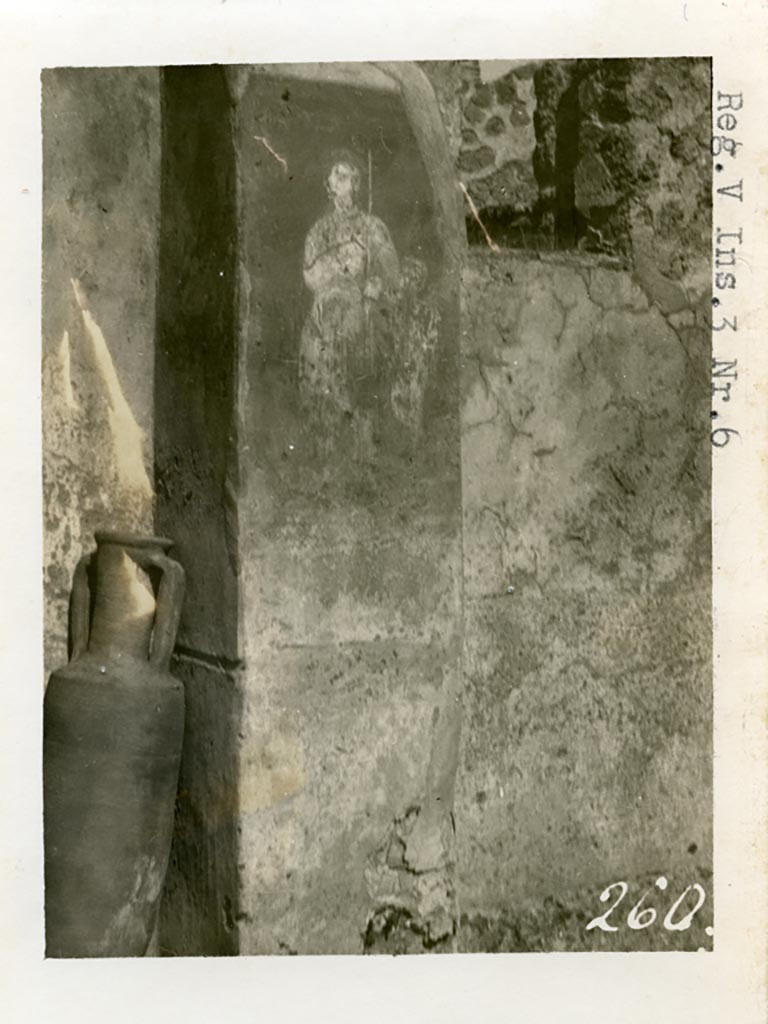 V.4.6/7 Pompeii but shown as V.3.6 on photo. Pre-1937-1939. Painting of Venus Pompeiana with cupid.
Photo courtesy of American Academy in Rome, Photographic Archive. Warsher collection no. 260.