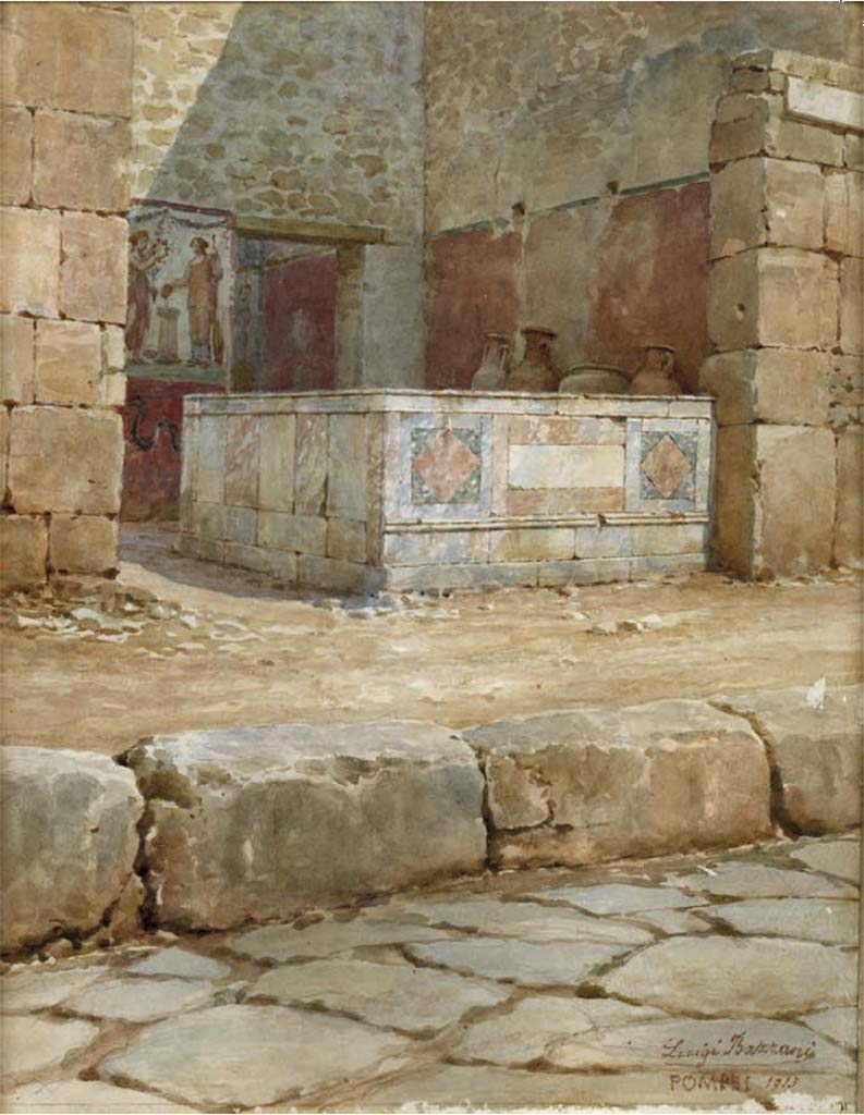 V.4.7 Pompeii. 1913 watercolour painting by Luigi Bazzani, of the bar from the Via di Nola.
On the left of the rear doorway, the artist has painted a lararium scene, and not the painting of Bacchus and Silenus.
Now in Naples Archaeological Museum, inventory number 139424.