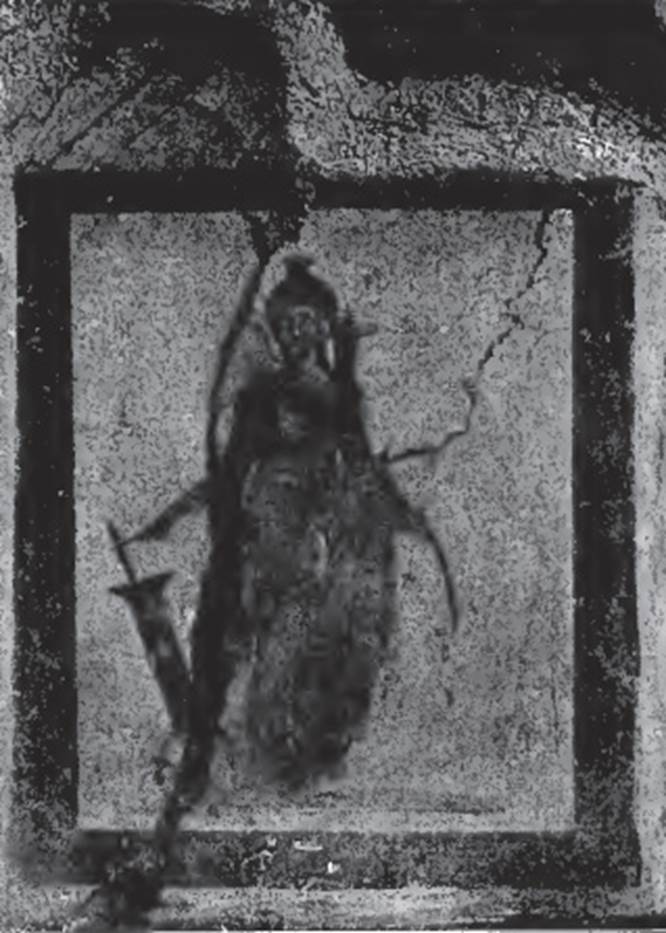 V.4.9 Pompeii. 1899. Painting of Fortuna with rudder, from south wall near latrine. According to Boyce, the painting had a wide black border on all of its sides. Fortuna was shown standing beneath a painted aedicula. She was wearing a red chiton and green mantle, with a small modius on her head. In her right hand was a rudder, in her left she held a cornucopia against her shoulder. See Boyce G. K., 1937. Corpus of the Lararia of Pompeii. Rome: MAAR 14. (p.41, no.122). See Notizie degli Scavi di Antichità, 1899, (p.346).