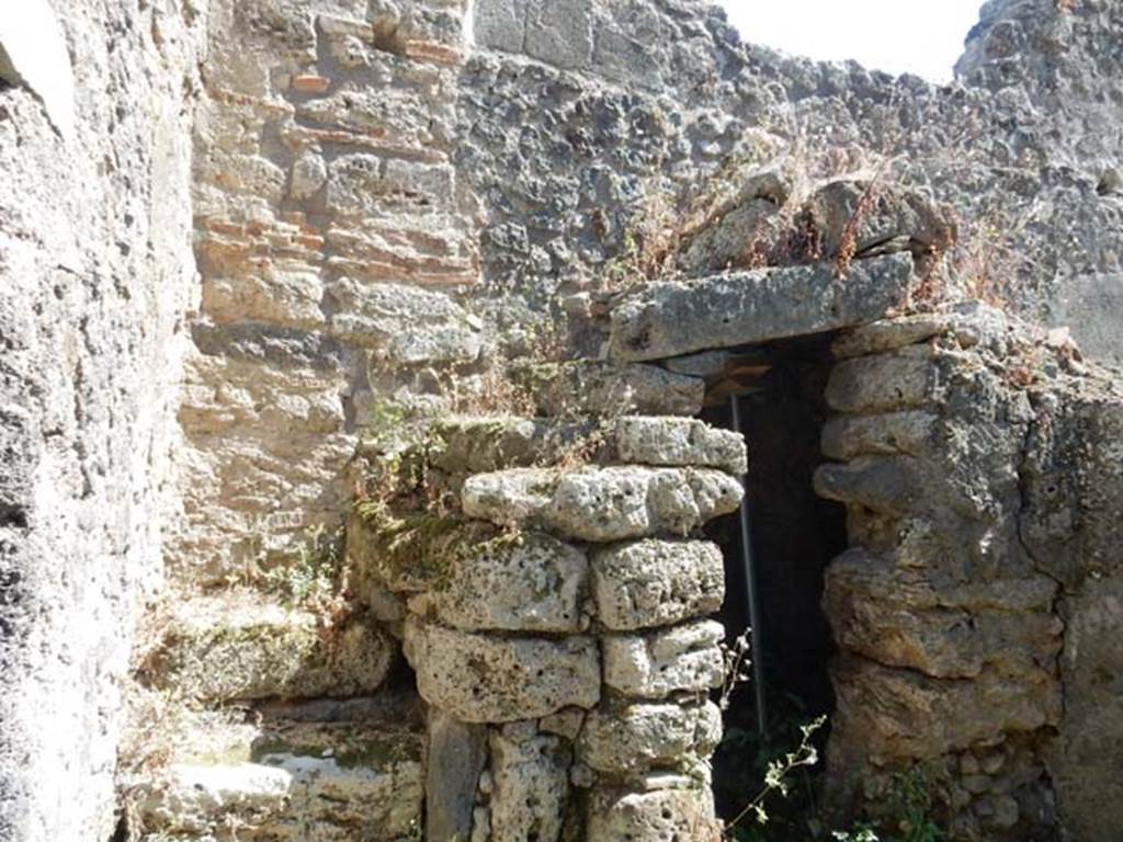 V.4.9 Pompeii. May 2017.  Looking towards stairs to upper floor on south side of entrance fauces, and underneath latrine with dog kennel? Photo courtesy of Buzz Ferebee.