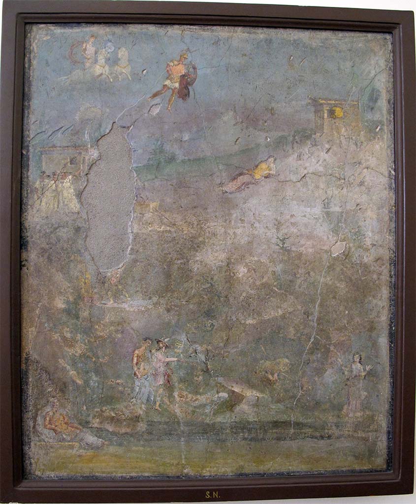 V.4.13 Pompeii. May 2010. Wall painting of the Founding or Origin of Rome. Found on the north wall of triclinium R.
Now in Naples Archaeological Museum. Inventory number s.n.
For more detail of the descriptions of the parts of the painting given below:
See Bragantini, I and Sampaolo, V., Eds., 2009. La Pittura Pompeiana. Verona: Electa. P. 348, Scheda 160.
See Pais, Ettore, Translated by M. E. Cosenza, 1905. Ancient Legends of Roman History. New York: Dodd Mead. p. 43-59.