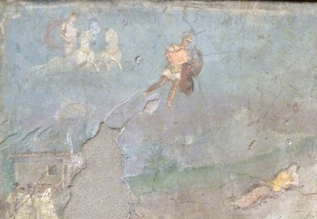 V.4.13 Pompeii. Detail of wall painting. Top. The sun is in the sky represented as a chariot drawn by white horses, before Mars descends. Mars, in flight, descends on Rhea Silvia who is lying on the grass. She is surprised by the god whilst drawing water for the goddess Vesta.