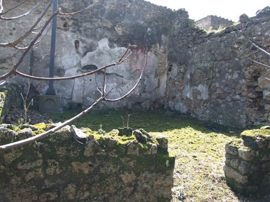 V.4.13 Pompeii. March 2009. Garden, looking south-west through doorway into garden area. According to Jashemski –
“The garden was separated from a paved open area to the north by a low masonry wall: the wall continued along the east side of the garden, leaving a narrow space between this wall and that of the house for a gutter to collect rainwater which was deposited in the cistern. In 1903 a small marble head of a satyr with goat’s ears and the horns of a ram (0.20m high), such as were used for garden herms, was found on the low wall. In the centre of the garden was a masonry triclinium (l. medius, 4.00m; l. imus and l. summus, 3.75m), decorated with painted plants on a yellow background. Between the couches was a masonry table (0.90 x 1.50m) topped with a fine piece of coloured marble.
The excavators also reported deep holes reinforced with potsherds to hold fast the posts of the pergola.
Along both the south and west walls was a row of root cavities (measurements not given), each cavity surrounded by a circular mound of soil to hold water. There was a masonry altar on the ground in front of the arched niche in the wall in the north-west corner of the garden. 
Jashemski’s sources –
Sogliano, NSc. (1905), p.91-92, and fig. 1 (plan) on p.87;
Thedenat, p.88;
Boyce, p.41, no.126, and pl.11.2; 
Soprano, p.299, no.12 (identifies the structure in the garden as a true triclinium and not triclinium-shaped seats as Sogliano suggests;
Dohl, p.14.
See Jashemski, W. F., 1993. The Gardens of Pompeii, Volume II: Appendices. New York: Caratzas. (p.116).
