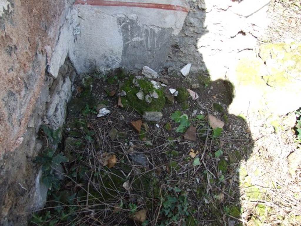V.4.13 Pompeii. March 2009. Garden, lararium niche in north-west corner. Site of masonry altar. See Giacobello, F., 2008. Larari Pompeiani: Iconografia e culto dei Lari in ambito domestico. Milano: LED Edizioni. (p. 268).