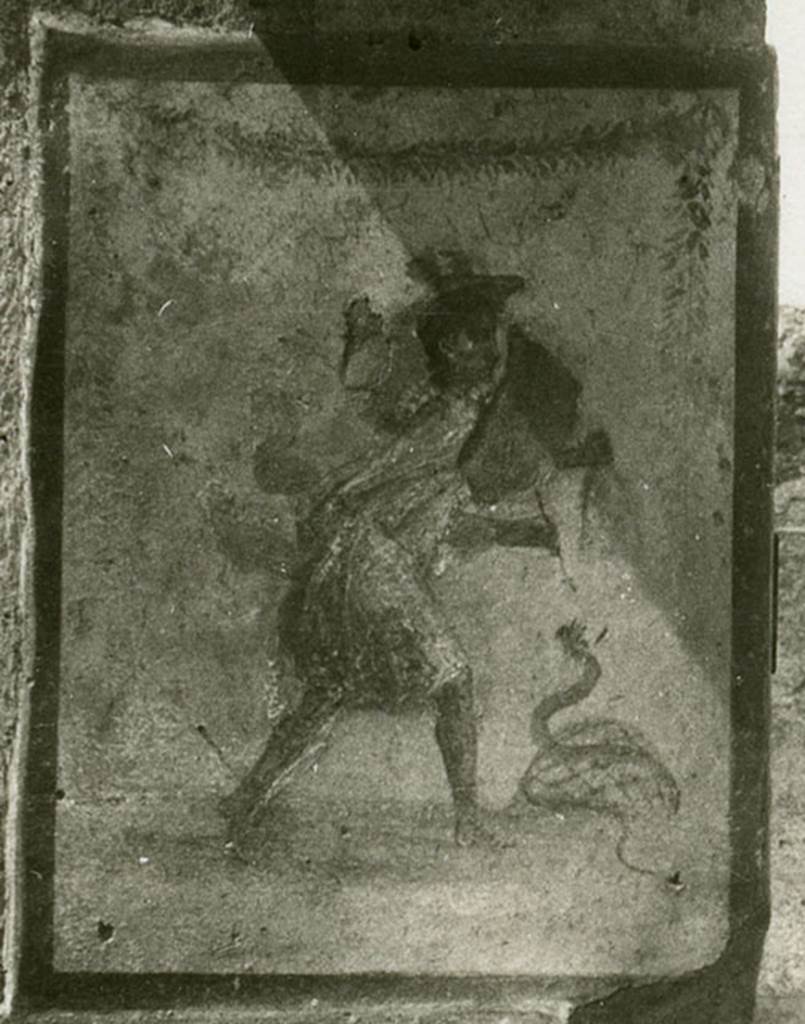 V.4.13 Pompeii. 1937-39. Mercury painting on south entrance pillar.
Photo courtesy of American Academy in Rome, Photographic Archive. 
Detail from Warsher collection no. 700.