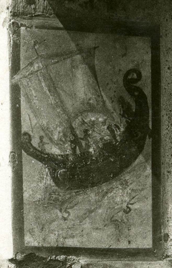 V.4.13 Pompeii. 1937-39. Painting of ship in full sail on north entrance pillar.
Photo courtesy of American Academy in Rome, Photographic Archive. 
Detail from Warsher collection no. 699.