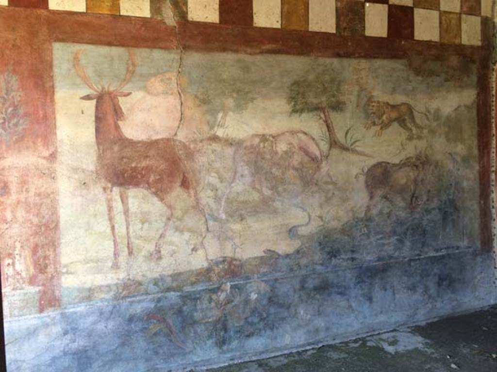 V.4.a Pompeii. April 2015. Hunting fresco with life-size animals on north wall of garden area. Photo courtesy of Sharon M. Wolf.