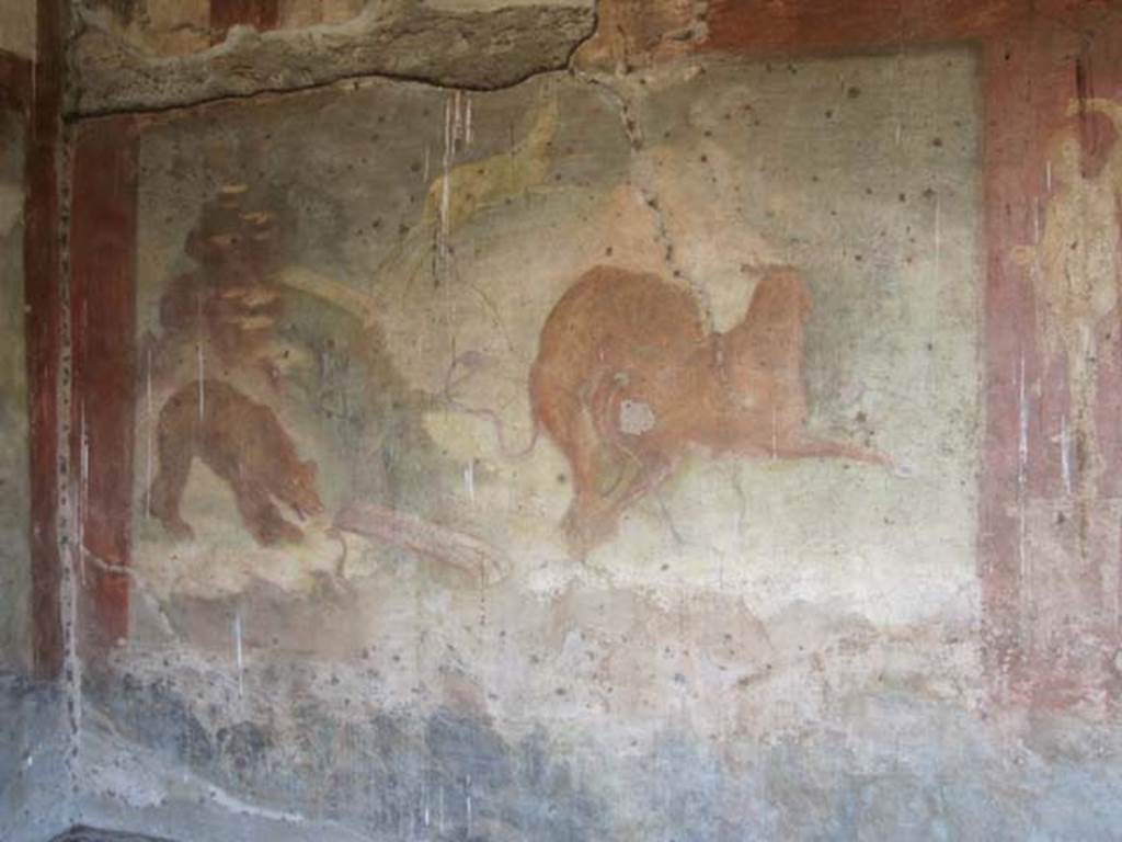 V.4.a Pompeii. March 2012. Hunting fresco with life-size animals on east wall of garden area.
Photo courtesy of Marina Fuxa.