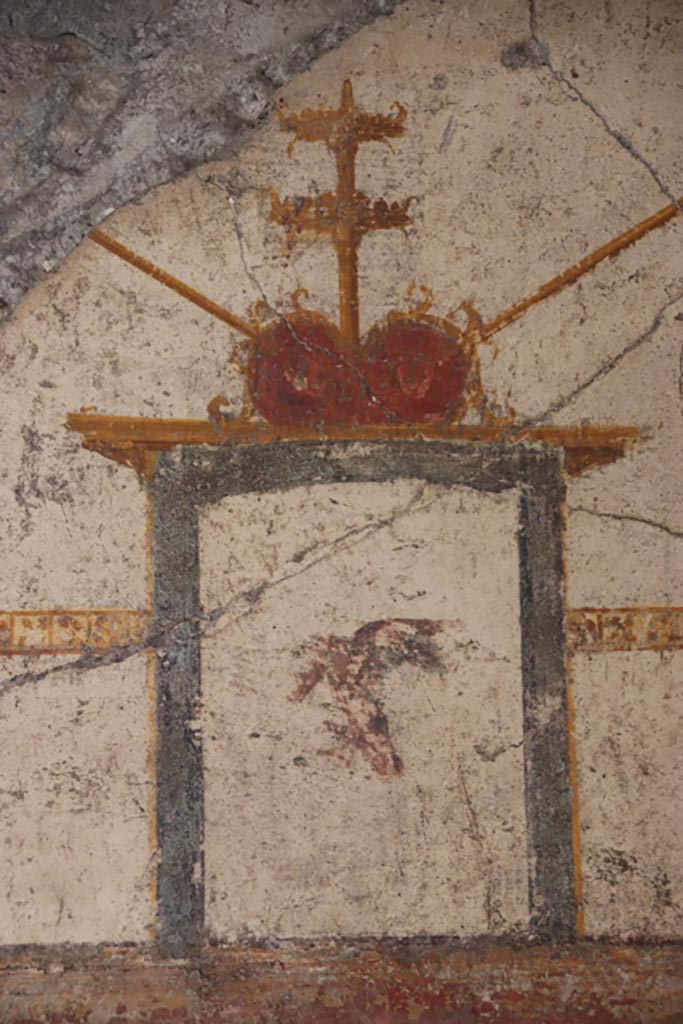 V.4.a Pompeii. October 2023. 
Room ‘s’, detail from upper south wall in south-west corner. Photo courtesy of Klaus Heese.