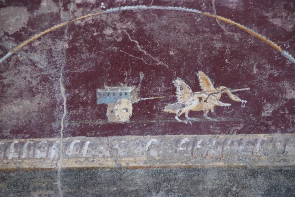 V.4.a Pompeii. October 2023. 
Room ‘h’, detail from painted predella on north wall on east side of central panel. Photo courtesy of Klaus Heese.