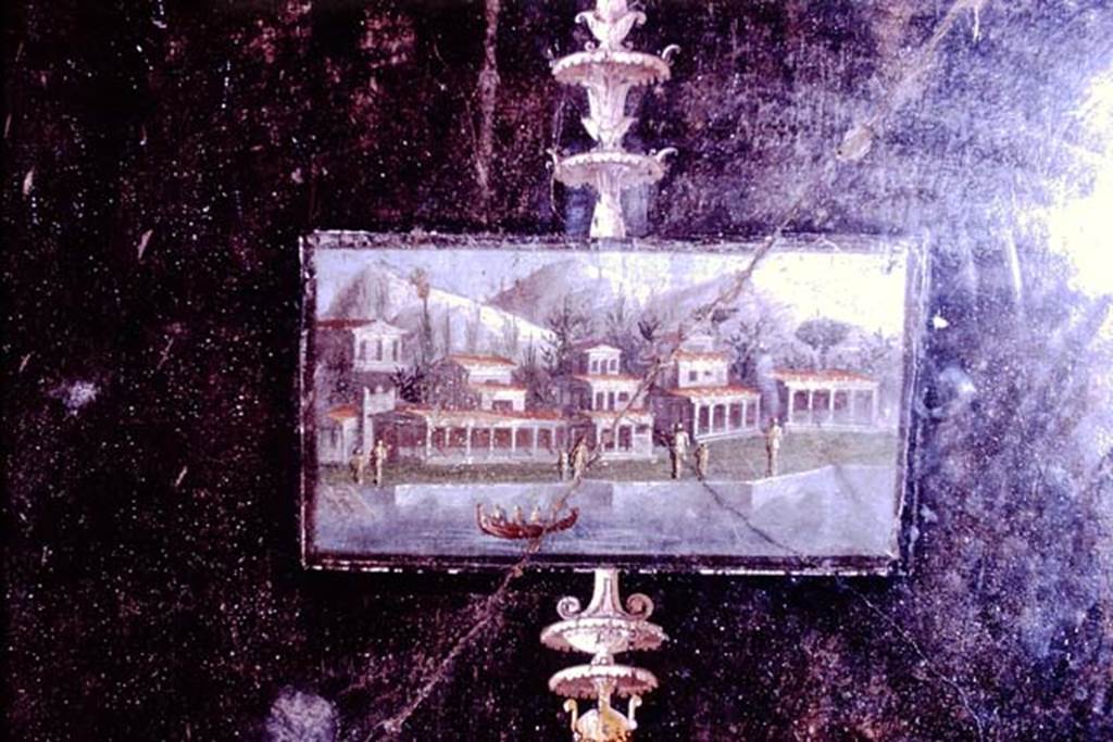 V.4.a Pompeii. 1966. South wall of tablinum. Wall painting of architectural landscape with waterfront and boat. 
Photo by Stanley A. Jashemski
Source: The Wilhelmina and Stanley A. Jashemski archive in the University of Maryland Library, Special Collections (See collection page) and made available under the Creative Commons Attribution-Non Commercial License v.4. See Licence and use details.
J66f0706