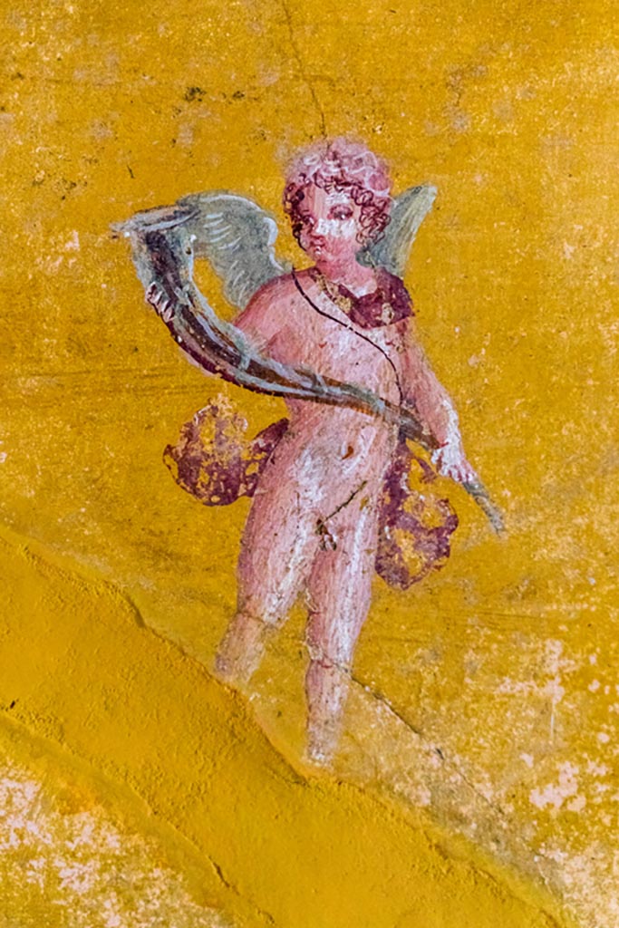 V.4.a Pompeii. January 2023. 
Room ‘i’, west end of north wall of cubiculum to right of tablinum.
Figure in panel to left (west) of painting of Narcissus at the fountain. Photo courtesy of Johannes Eber.
