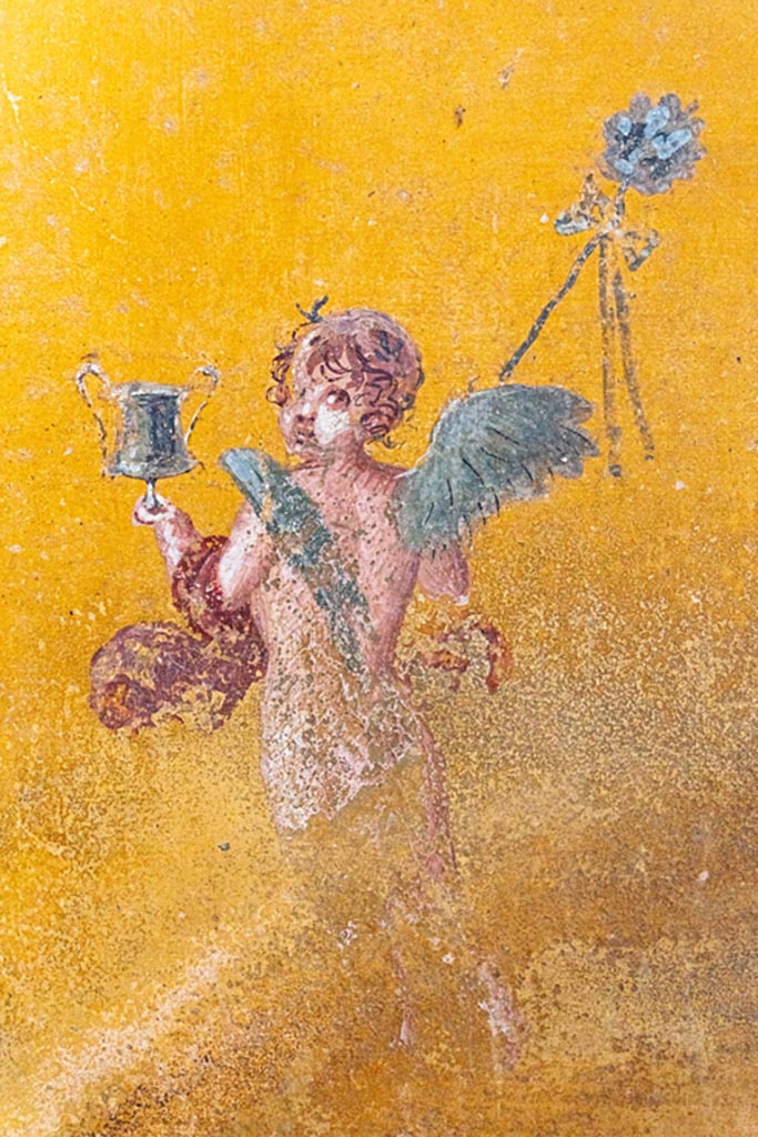 V.4.a Pompeii. October 2023. 
Room ‘i’, painted figure from east end of north wall of cubiculum. Photo courtesy of Johannes Eber.