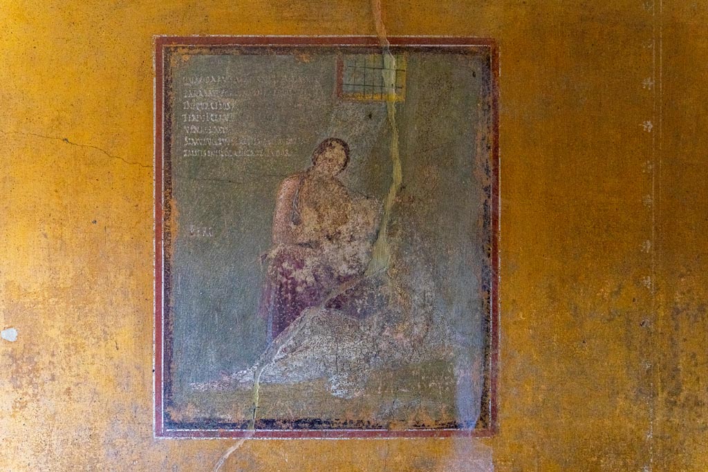 V.4.a Pompeii. October 2023. 
Room ‘i’, wall painting of Pero suckling her father Micone from centre of south wall of cubiculum. Photo courtesy of Johannes Eber.