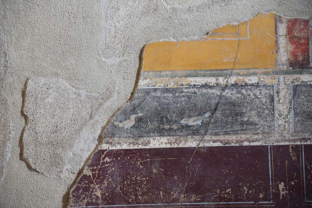 V.4.a Pompeii. March 2018. Room ‘g’, detail of painted birds predella above zoccolo on lower east wall towards north end.  
Foto Annette Haug, ERC Grant 681269 DÉCOR.