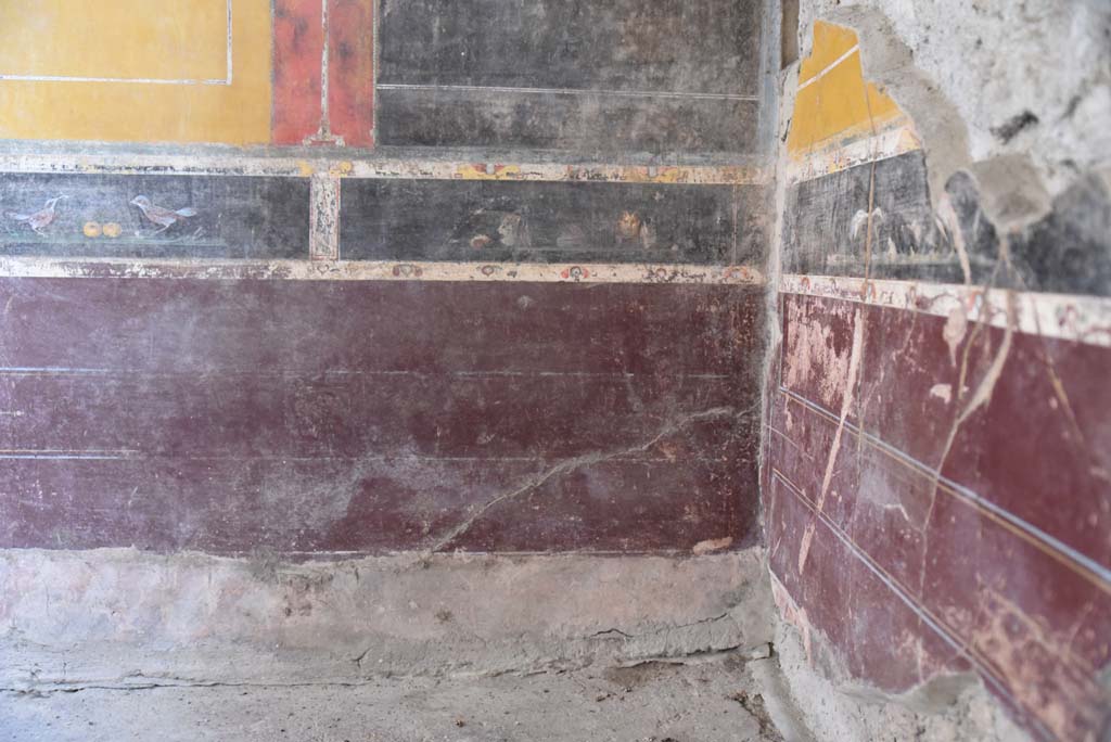 V.4.a Pompeii. March 2018. Room ‘g’, east wall at south end with detail of paintings in predella above zoccolo. 
Foto Annette Haug, ERC Grant 681269 DÉCOR.