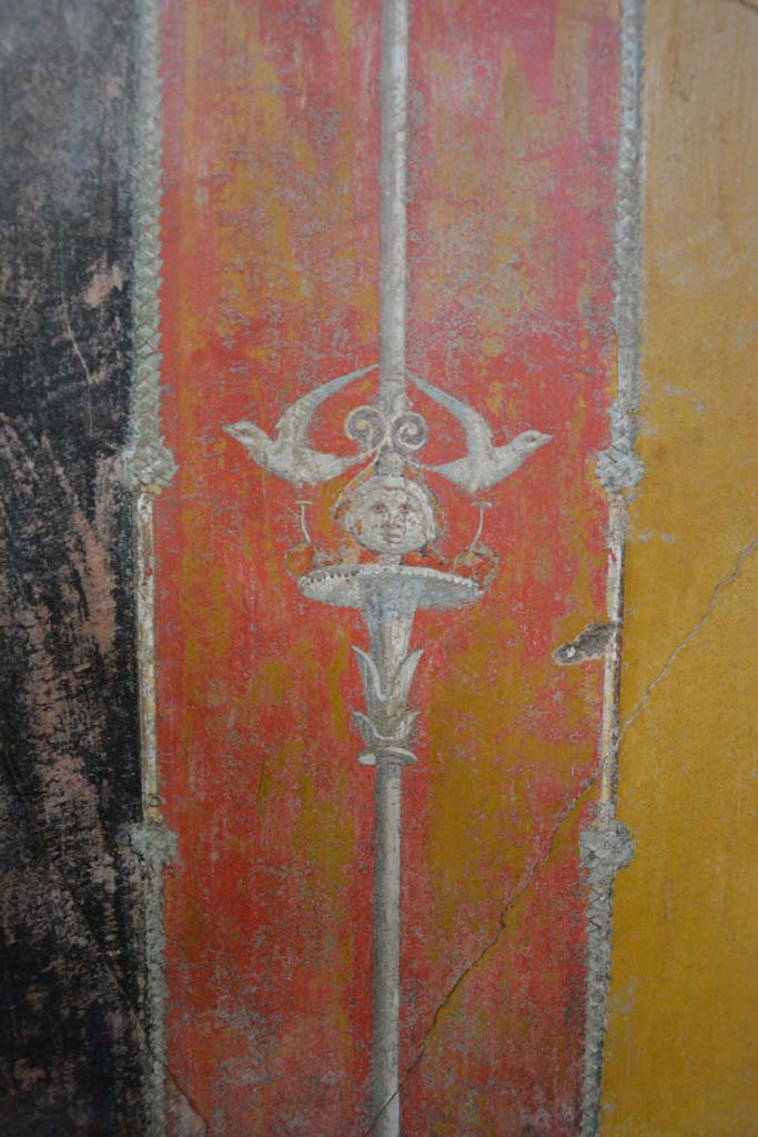 V.4.a Pompeii. March 2019. 
Room ‘g’, detail from red panel separating black and yellow panels in south-west corner.
Foto Annette Haug, ERC Grant 681269 DÉCOR.