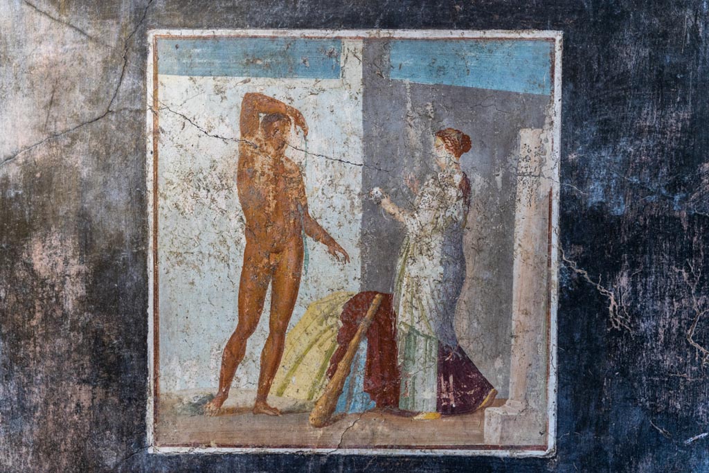 V.4.a Pompeii. January 2023. 
Room ‘g’, central wall painting from west wall of cubiculum on south side of atrium. Photo courtesy of Johannes Eber.
