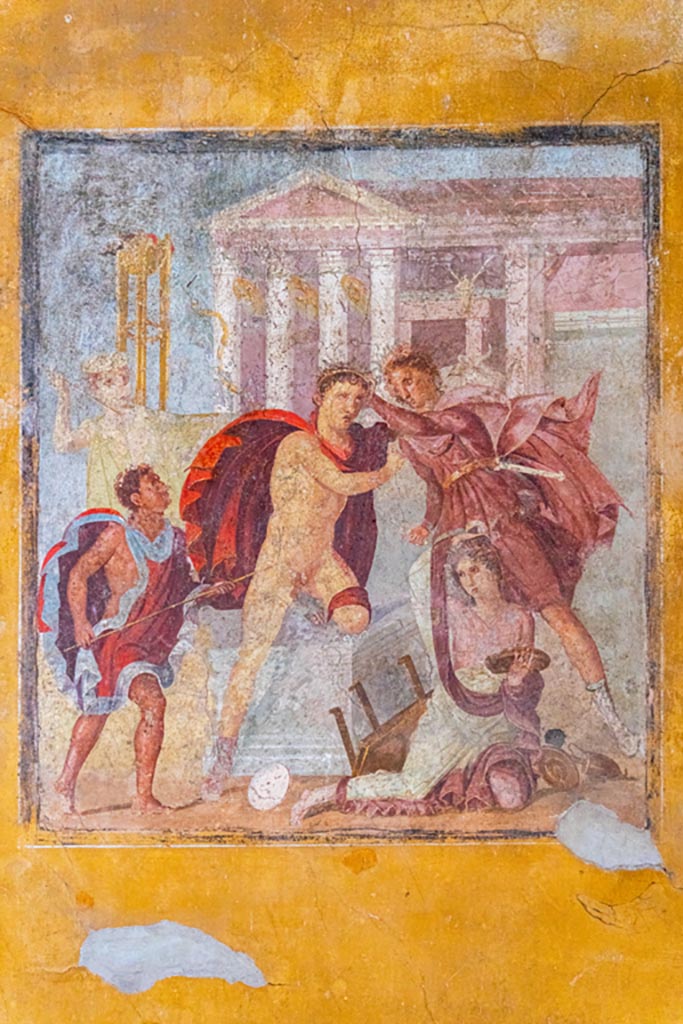 V.4.a Pompeii. October 2023. 
Room ‘f’, looking towards central wall painting from east wall of winter triclinium. 
Photo courtesy of Johannes Eber.