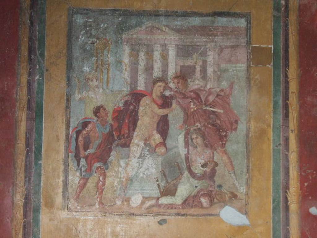 V.4.a Pompeii.  December 2005. Winter triclinium, east wall.  Wall painting of Orestes killing Neoptolemus at the altar before the Temple of Apollo at Delphi.