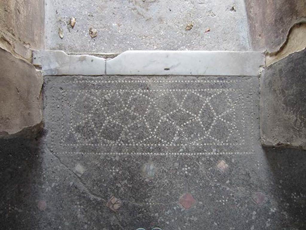 V.4.a Pompeii. March 2012. 
Looking west from atrium floor towards patterned doorway threshold with marble step down to entrance corridor. 
Photo courtesy of Marina Fuxa.