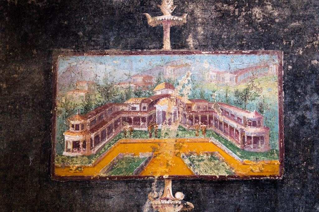 V.4.a Pompeii. January 2023. Room ‘h’, detail of painted panel from west end of north wall. Photo courtesy of Johannes Eber.