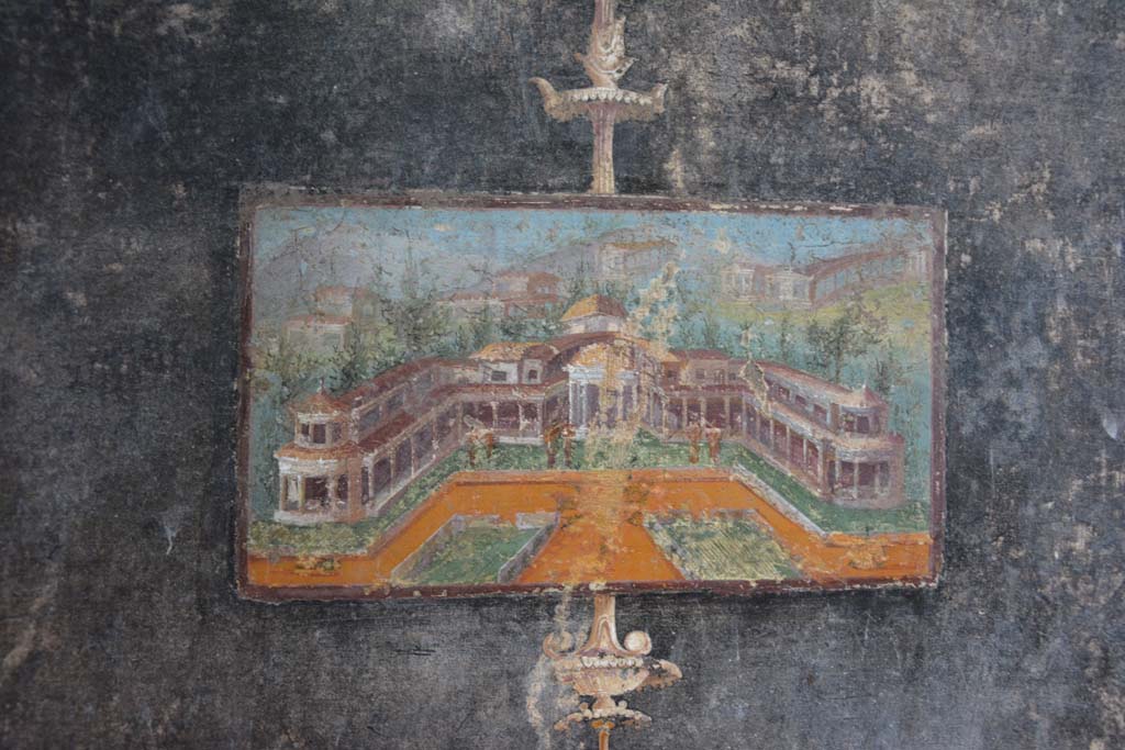 V.4.a Pompeii. March 2018. Room ‘h’, detail of painted panel from west end of north wall.
Foto Annette Haug, ERC Grant 681269 DÉCOR.