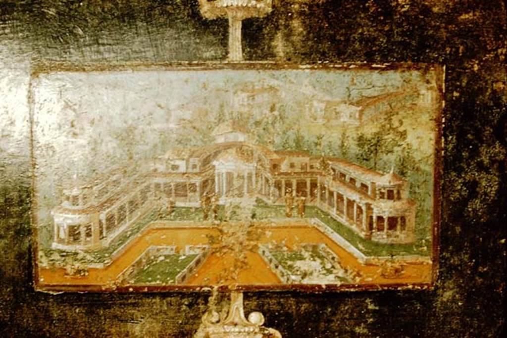 V.4.a Pompeii. 1957. West panel of north wall of tablinum with wall painting of villa.
Photo by Stanley A. Jashemski
Source: The Wilhelmina and Stanley A. Jashemski archive in the University of Maryland Library, Special Collections (See collection page) and made available under the Creative Commons Attribution-Non Commercial License v.4. See Licence and use details.
J57f0287