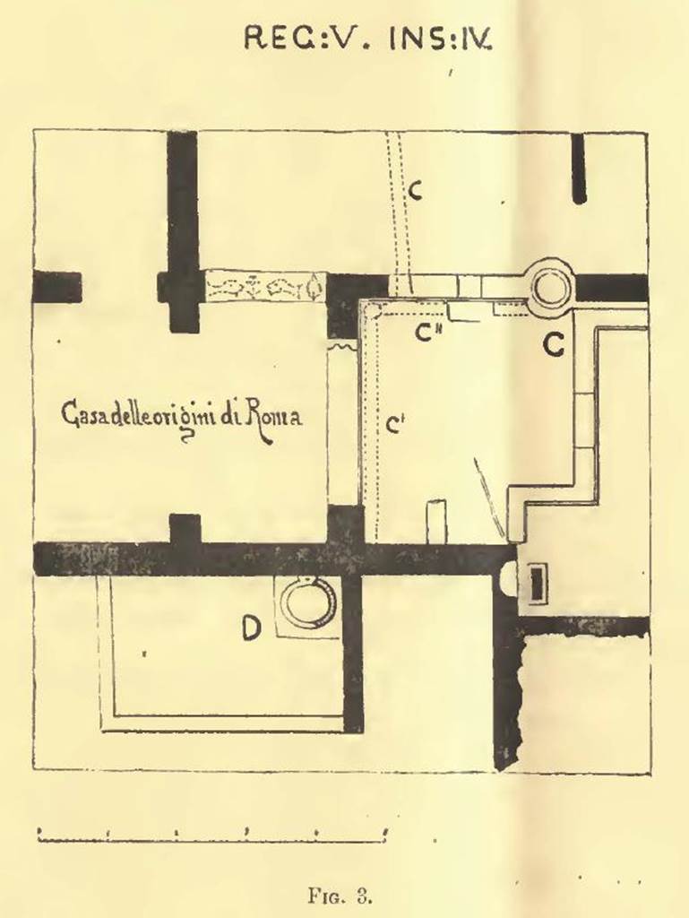 V.4.c Pompeii. Fig.3 from Notizie degli Scavi, 1905, p.137.
The garden area, and cistern marked D, is shown on the lower left.
The rear rooms, and garden area of V.4.13, are shown at the top of the drawing.