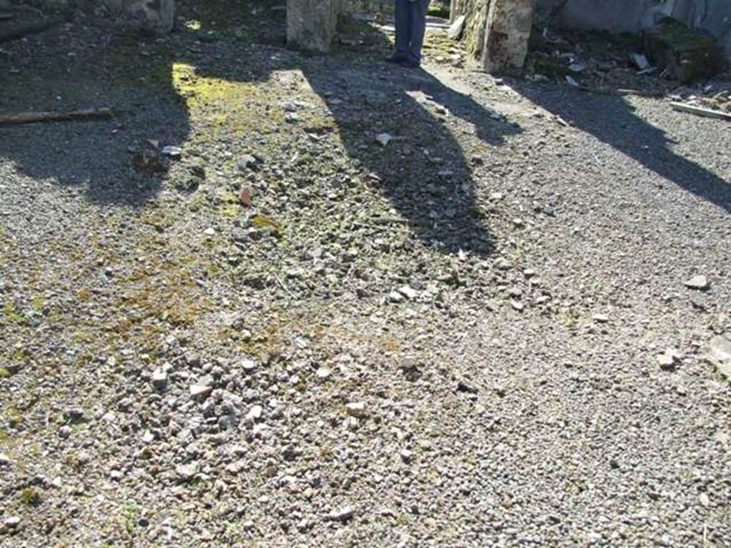 V.4.c Pompeii. March 2009. Room B, the atrium, looking west across site of impluvium. Upon excavation, at the head of the impluvium on the east side, a marble table (a) was discovered. It was supported by a marble statuette of an animal, perhaps a leopard with eyes of glass paste. It was crouching on its hind legs, in profile to the right and with the head in front. On the south side, slightly to the rear of the table, was a terracotta puteal (b). Found in the area of the puteal, a lead funnel to pour water collected through a water-pipe into the adjacent tank. Also found at the impluvium  on April 29th 1902 were – one of the usual cylindrical lead water-tanks. Two bronze basins, one with traces of silver-plating, a casserole with similar traces, and a swollen belly-jug, were also found. In the soil of the atrium, between 2nd and 6th June 1902, money and other objects were listed in NdS, 1902, (p.379). See Notizie degli Scavi, 1905, (p.130)